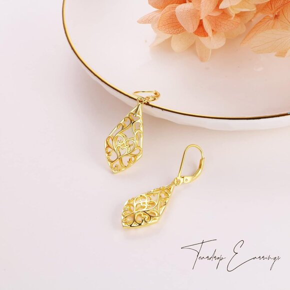 Leverback Dangle Earrings for Women Teardrop Filigree 14K Gold Plated Earrings - Picture 5 of 6